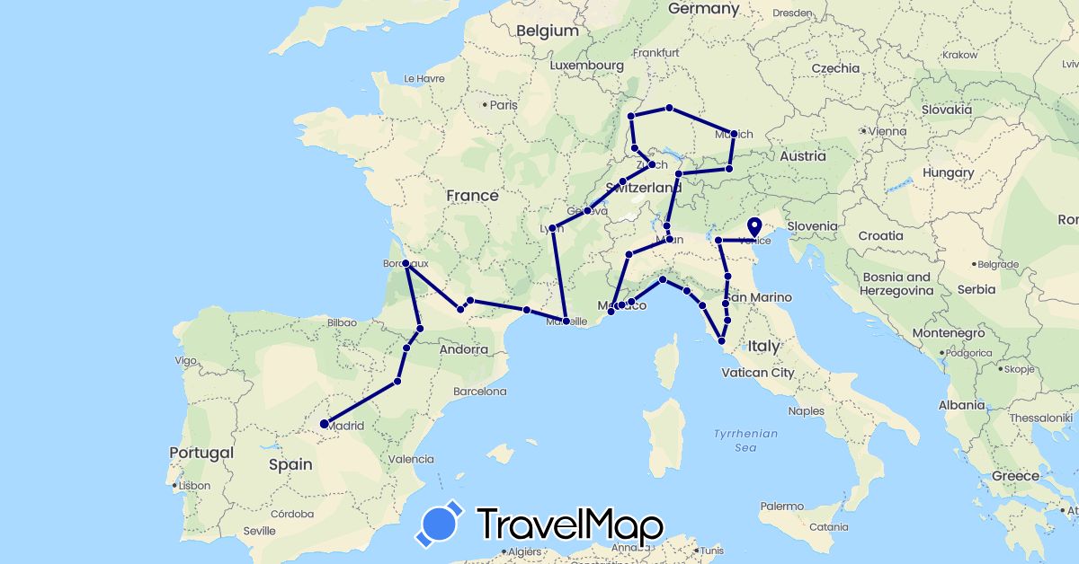 TravelMap itinerary: driving in Austria, Switzerland, Germany, Spain, France, Italy, Liechtenstein, Monaco (Europe)